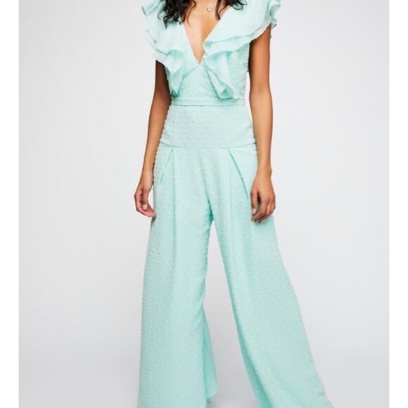 Fame & Partners Free People Jacy Jumpsuit Womens Size 0 Mint Green Ruffle Lowcut